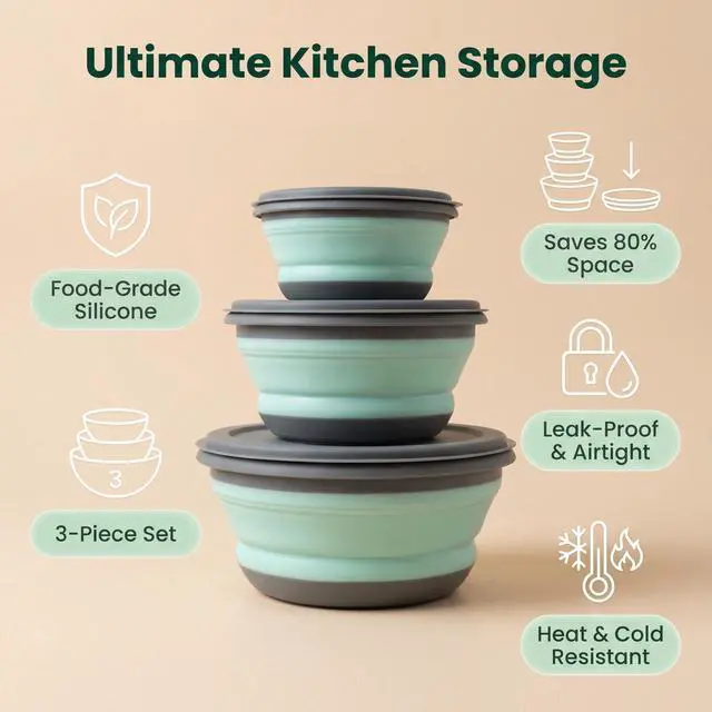 Alt view image 2 of 6 - Collapsible Silicone Bowls with Lids, 3 Pack Food Grade Foldable Camping Bowl Set, Portable Travel Bowls for Salad, Ramen, Lunch, Outdoor Collapsible Food Storage Containers