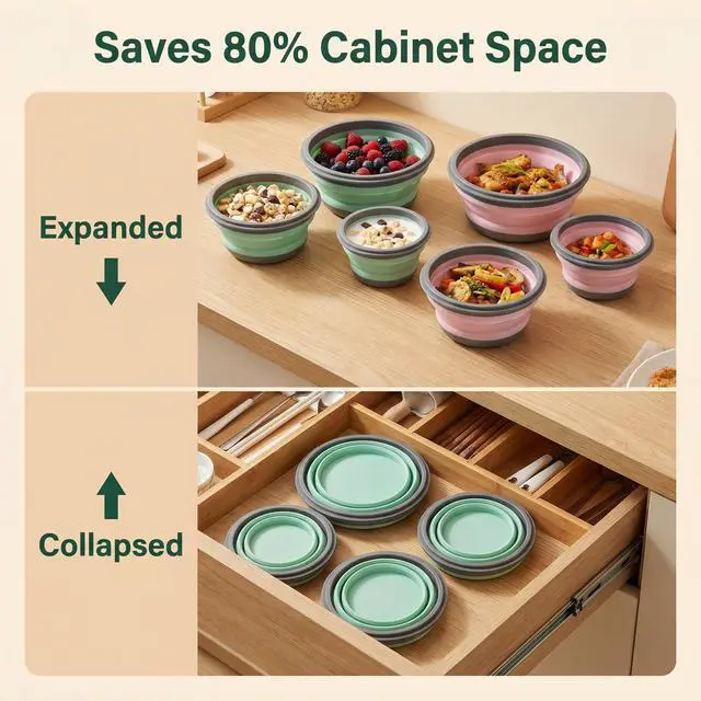 Alt view image 3 of 6 - Collapsible Silicone Bowls with Lids, 3 Pack Food Grade Foldable Camping Bowl Set, Portable Travel Bowls for Salad, Ramen, Lunch, Outdoor Collapsible Food Storage Containers