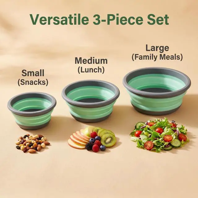 Alt view image 4 of 6 - Collapsible Silicone Bowls with Lids, 3 Pack Food Grade Foldable Camping Bowl Set, Portable Travel Bowls for Salad, Ramen, Lunch, Outdoor Collapsible Food Storage Containers