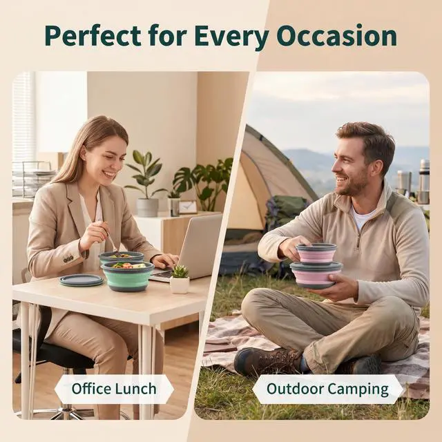 Alt view image 5 of 6 - Collapsible Silicone Bowls with Lids, 3 Pack Food Grade Foldable Camping Bowl Set, Portable Travel Bowls for Salad, Ramen, Lunch, Outdoor Collapsible Food Storage Containers