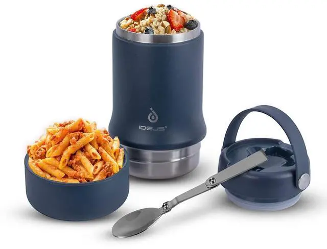 Main image of Soup Thermo with Foldable Spoon and Bowl 20oz, All-in-one Insulated Bento Lunchbox Stainless Steel Leakproof Portable Soup Container Vacuum Thermal Food Jar for Lunch, Navy Blue