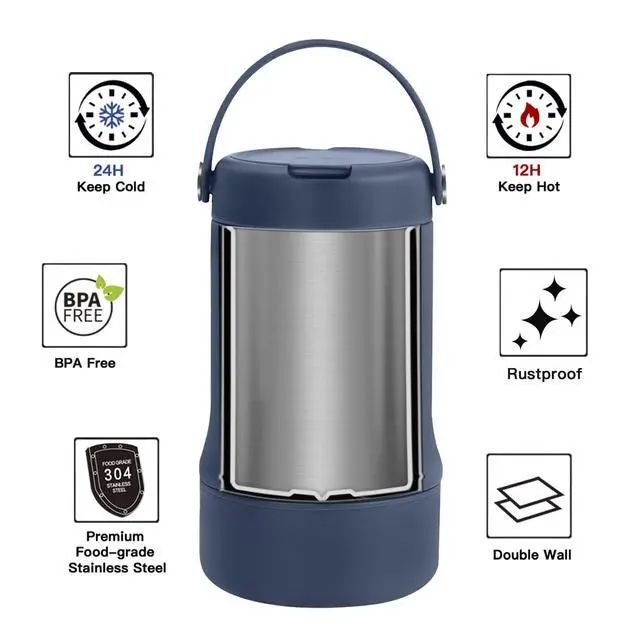 Alt view image 2 of 7 - Soup Thermo with Foldable Spoon and Bowl 20oz, All-in-one Insulated Bento Lunchbox Stainless Steel Leakproof Portable Soup Container Vacuum Thermal Food Jar for Lunch, Navy Blue