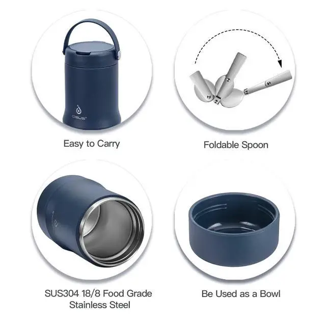 Alt view image 3 of 7 - Soup Thermo with Foldable Spoon and Bowl 20oz, All-in-one Insulated Bento Lunchbox Stainless Steel Leakproof Portable Soup Container Vacuum Thermal Food Jar for Lunch, Navy Blue