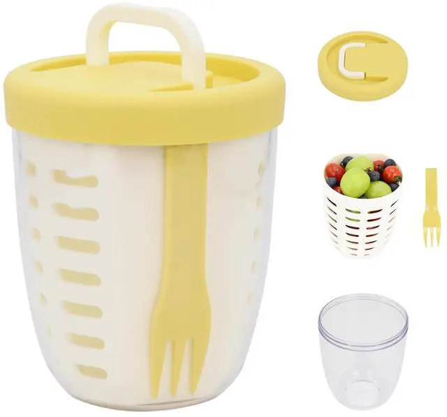 Main image of Fresh Fruit Salad Storage Cup To Go With Folding Handle, Lids, Fork & Drain Baskets, Reusable Leakproof Food Storage Containers With Removable Colander Keep Fresh Longer, 22 oz(Yellow)