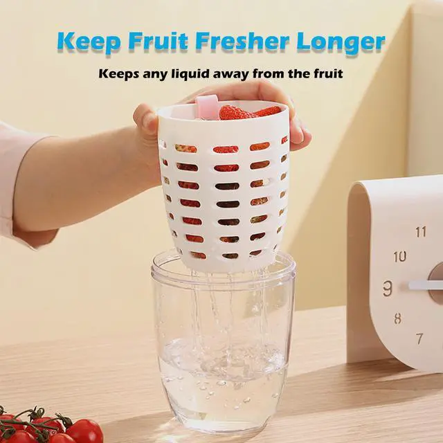 Alt view image 2 of 6 - Fresh Fruit Salad Storage Cup To Go With Folding Handle, Lids, Fork & Drain Baskets, Reusable Leakproof Food Storage Containers With Removable Colander Keep Fresh Longer, 22 oz(Yellow)