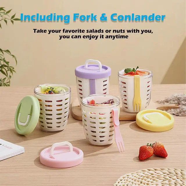 Alt view image 4 of 6 - Fresh Fruit Salad Storage Cup To Go With Folding Handle, Lids, Fork & Drain Baskets, Reusable Leakproof Food Storage Containers With Removable Colander Keep Fresh Longer, 22 oz(Yellow)