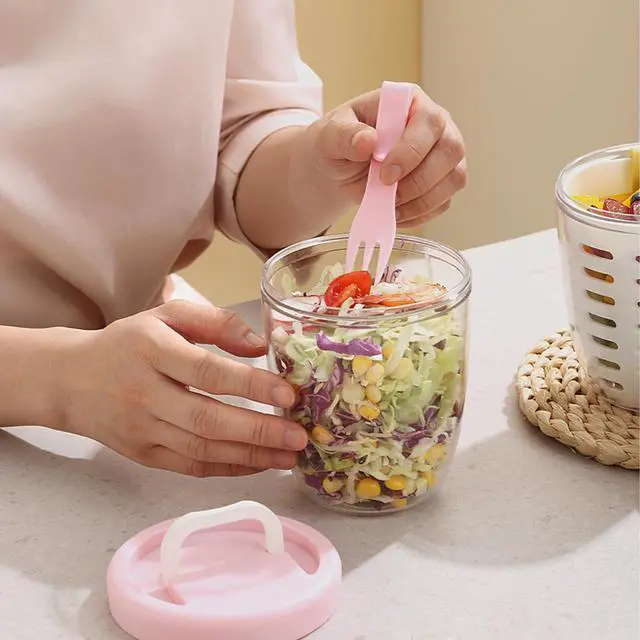 Alt view image 6 of 6 - Fresh Fruit Salad Storage Cup To Go With Folding Handle, Lids, Fork & Drain Baskets, Reusable Leakproof Food Storage Containers With Removable Colander Keep Fresh Longer, 22 oz(Yellow)