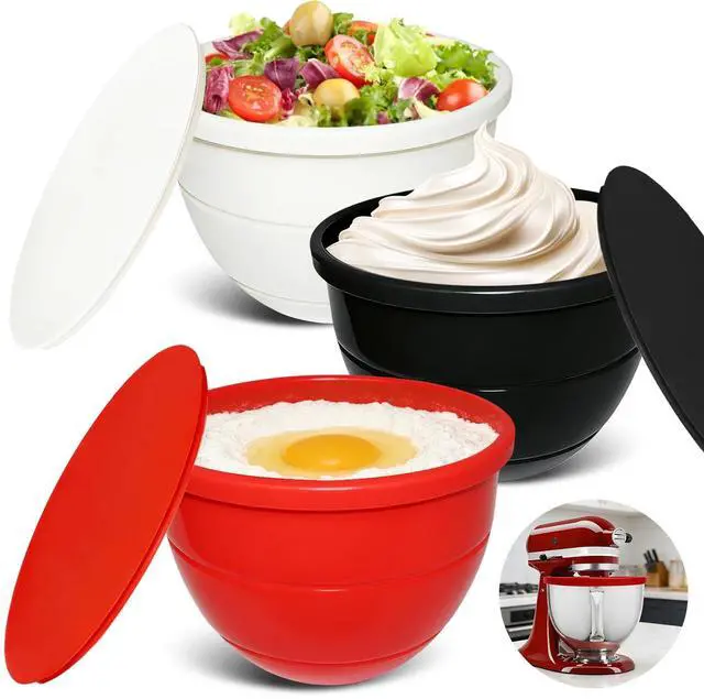 Main image of 3PCS Foldable Silicone Bowls Liners with Lids for Kitchen Aid Mixer 5 Qt, Food Grade Kitchen Bowl Liner, Baking Cooking Accessories, Easy Clean Quick Replacement (Red+Black+White)