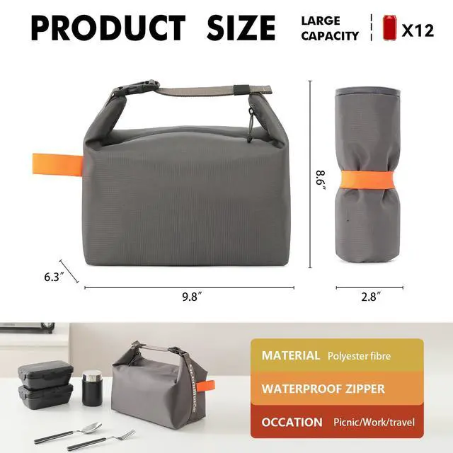 Alt view image 2 of 6 - Lunch Bag for Women & Men Fresh Keep Lunch Box, Small Leakproof Cooler Bag Food Lunch Containers High Capacity Reusable Lunch Tote Bags for Work, Office, Picnic, Travel (Grey)