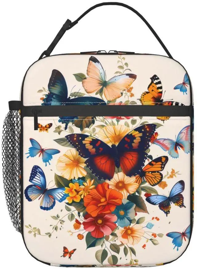 Main image of Butterfly Polyester Lunch Box for Kids Teen,Cute Reusable Thermal Lunch Bag for Adult Women,Flower Bloom Insulated Tote Cooler Bags for School, Work, Picnic,Travel,Floral Butterflies Design