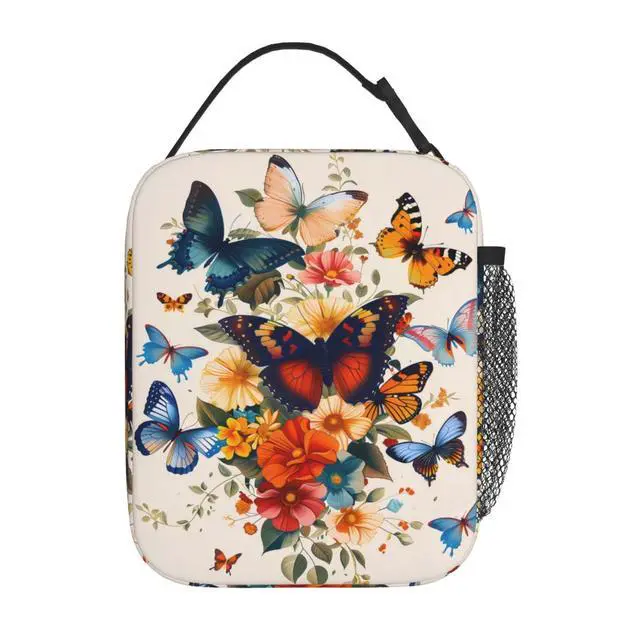Alt view image 3 of 7 - Butterfly Polyester Lunch Box for Kids Teen,Cute Reusable Thermal Lunch Bag for Adult Women,Flower Bloom Insulated Tote Cooler Bags for School, Work, Picnic,Travel,Floral Butterflies Design