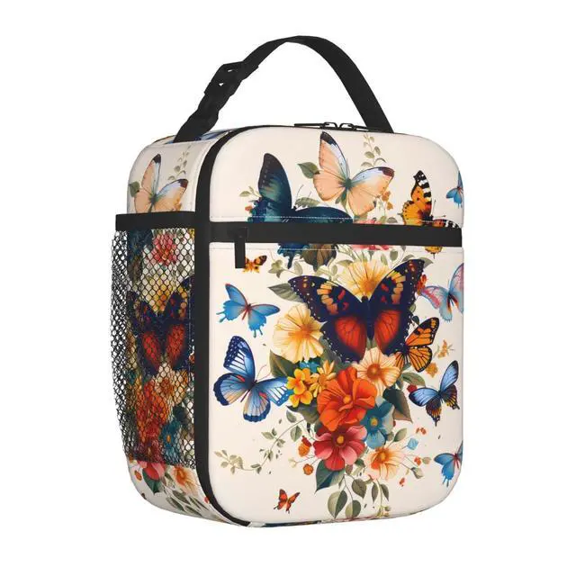 Alt view image 2 of 7 - Butterfly Polyester Lunch Box for Kids Teen,Cute Reusable Thermal Lunch Bag for Adult Women,Flower Bloom Insulated Tote Cooler Bags for School, Work, Picnic,Travel,Floral Butterflies Design