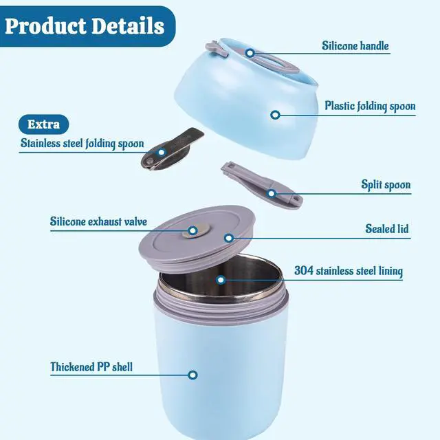 Alt view image 2 of 7 - Insulated Container for Hot Food with Folding Spoon, 16oz Vacuum Stainless Steel Bento Lunch Box for Adults, Leak Proof Soup Thermo Jars for Travel Outdoors(Blue)