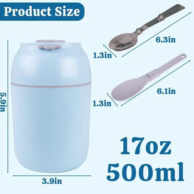 Alt view image 3 of 7 - Insulated Container for Hot Food with Folding Spoon, 16oz Vacuum Stainless Steel Bento Lunch Box for Adults, Leak Proof Soup Thermo Jars for Travel Outdoors(Blue)