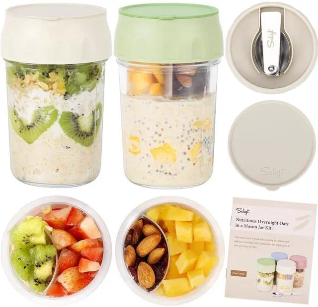 Main image of 2 Pack Overnight Oats Containers with Lids, Folding Spoons, and Divided Compartments for Fruit & Nuts, Small Glass 16oz Mason Jars for Oatmeal Yogurt Parfait (2 Set-Oat White/Organic Green)
