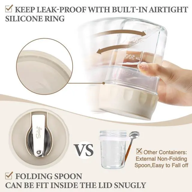 Alt view image 4 of 6 - 2 Pack Overnight Oats Containers with Lids, Folding Spoons, and Divided Compartments for Fruit & Nuts, Small Glass 16oz Mason Jars for Oatmeal Yogurt Parfait (2 Set-Oat White/Organic Green)