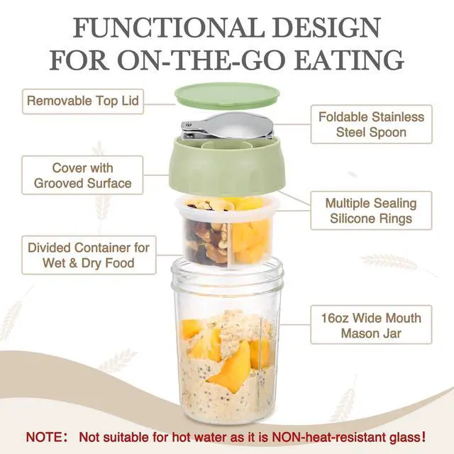 Alt view image 3 of 6 - 2 Pack Overnight Oats Containers with Lids, Folding Spoons, and Divided Compartments for Fruit & Nuts, Small Glass 16oz Mason Jars for Oatmeal Yogurt Parfait (2 Set-Oat White/Organic Green)