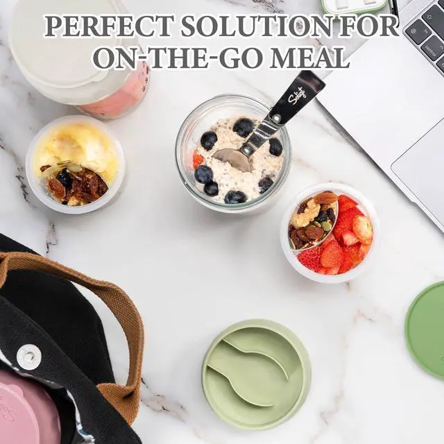 Alt view image 5 of 6 - 2 Pack Overnight Oats Containers with Lids, Folding Spoons, and Divided Compartments for Fruit & Nuts, Small Glass 16oz Mason Jars for Oatmeal Yogurt Parfait (2 Set-Oat White/Organic Green)