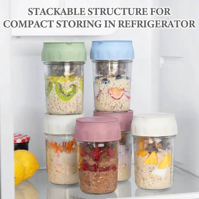 Alt view image 6 of 6 - 2 Pack Overnight Oats Containers with Lids, Folding Spoons, and Divided Compartments for Fruit & Nuts, Small Glass 16oz Mason Jars for Oatmeal Yogurt Parfait (2 Set-Oat White/Organic Green)