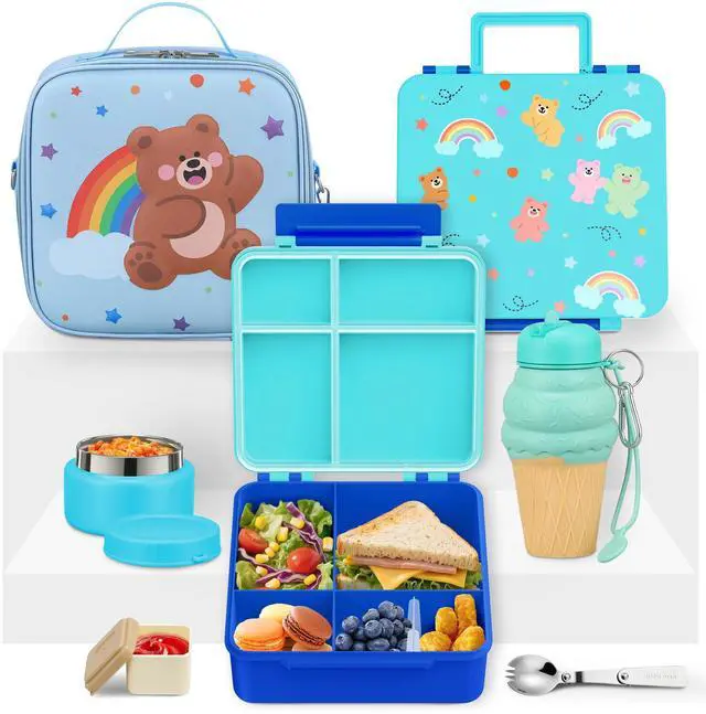 Main image of Lunch Box Kids with 5 Compartments, Insulated Food Jar & Utensil & Sauce Container & Lunch Bag & Silicone Collapsible Cup, Leak Proof Bento Box, BPA-Free & Dishwasher Safe-Blue