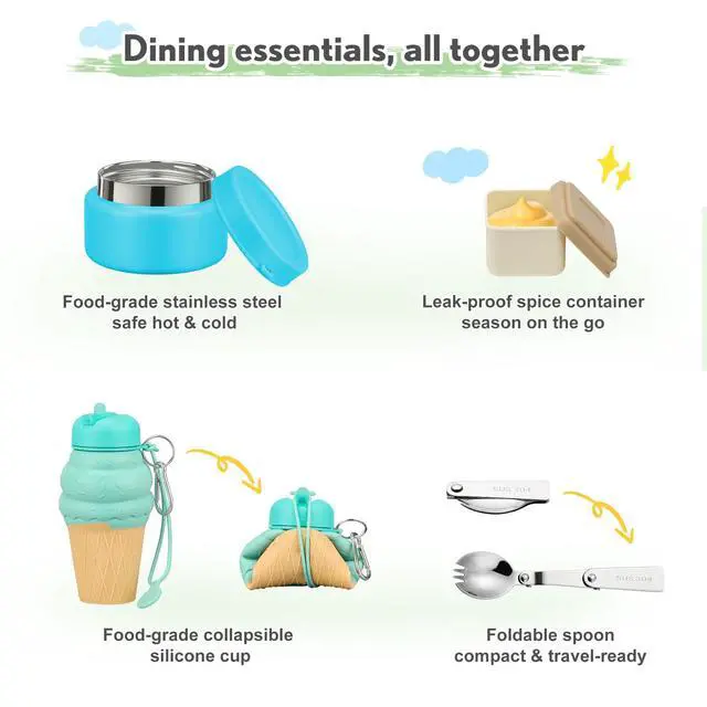 Alt view image 2 of 7 - Lunch Box Kids with 5 Compartments, Insulated Food Jar & Utensil & Sauce Container & Lunch Bag & Silicone Collapsible Cup, Leak Proof Bento Box, BPA-Free & Dishwasher Safe-Blue