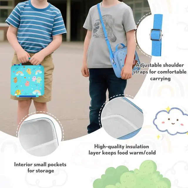 Alt view image 4 of 7 - Lunch Box Kids with 5 Compartments, Insulated Food Jar & Utensil & Sauce Container & Lunch Bag & Silicone Collapsible Cup, Leak Proof Bento Box, BPA-Free & Dishwasher Safe-Blue