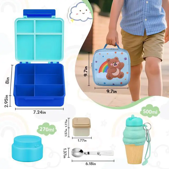 Alt view image 5 of 7 - Lunch Box Kids with 5 Compartments, Insulated Food Jar & Utensil & Sauce Container & Lunch Bag & Silicone Collapsible Cup, Leak Proof Bento Box, BPA-Free & Dishwasher Safe-Blue