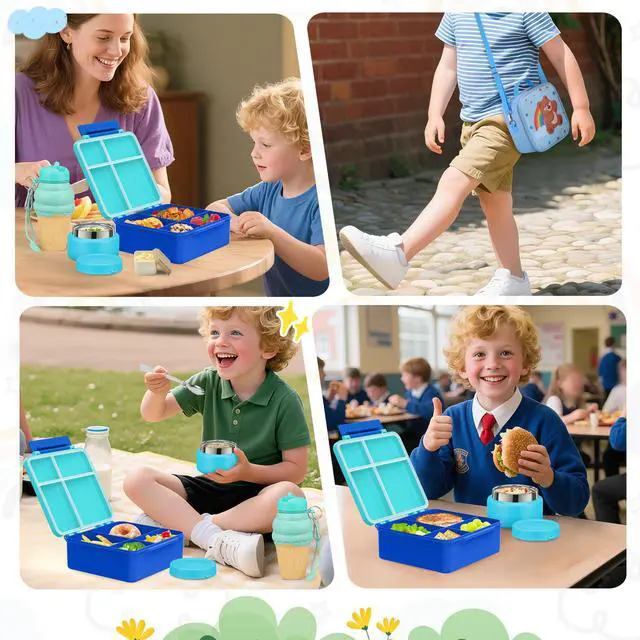 Alt view image 7 of 7 - Lunch Box Kids with 5 Compartments, Insulated Food Jar & Utensil & Sauce Container & Lunch Bag & Silicone Collapsible Cup, Leak Proof Bento Box, BPA-Free & Dishwasher Safe-Blue