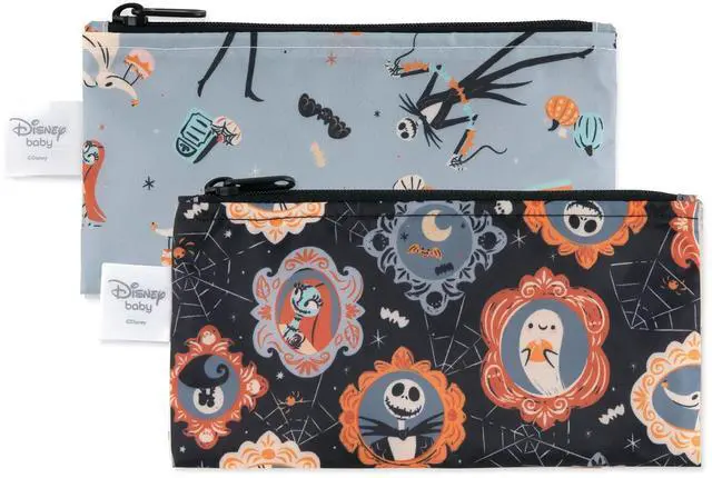 Main image of Disney Reusable Snack Bags, for Kids School Lunch and for Adults Portion, Washable Fabric, Waterproof Cloth Zip Bag, Supplies Travel Pouch, Food-Safe Storage, 2-pk Nightmare Before Christmas