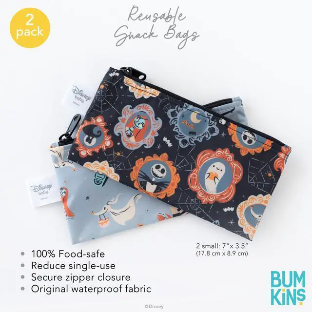 Alt view image 5 of 7 - Disney Reusable Snack Bags, for Kids School Lunch and for Adults Portion, Washable Fabric, Waterproof Cloth Zip Bag, Supplies Travel Pouch, Food-Safe Storage, 2-pk Nightmare Before Christmas