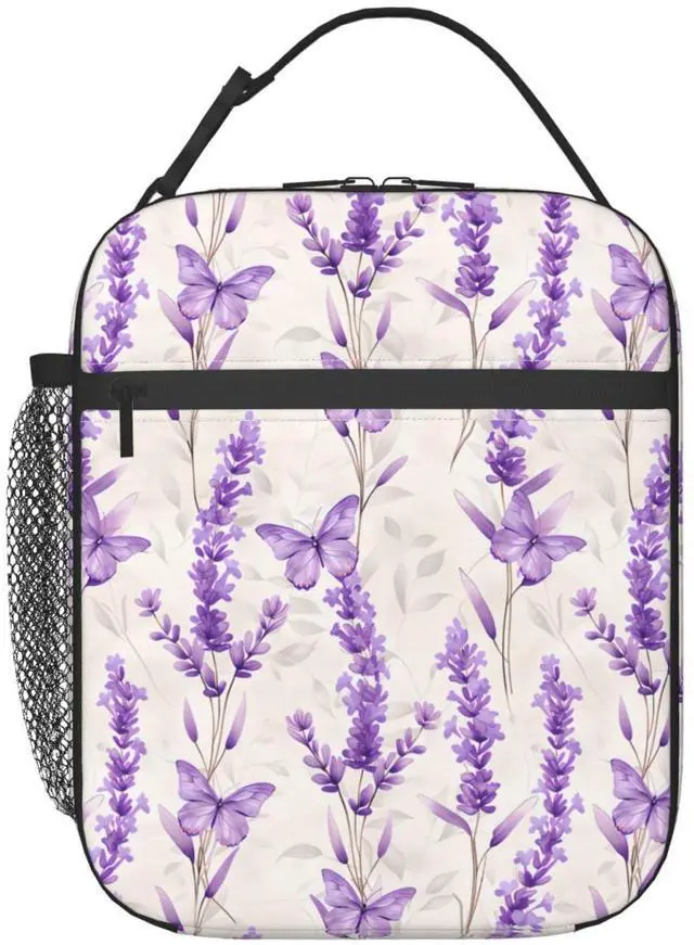 Main image of Reusable Lavender Lunch Box for Kids Girls Boys Women Adult, Insulated Floral Butterfly Lunch Bag,Polyester Cooler Flower Handbags Case for School Picnic Work Travel Beach or Hiking