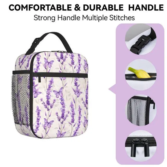Alt view image 4 of 7 - Reusable Lavender Lunch Box for Kids Girls Boys Women Adult, Insulated Floral Butterfly Lunch Bag,Polyester Cooler Flower Handbags Case for School Picnic Work Travel Beach or Hiking