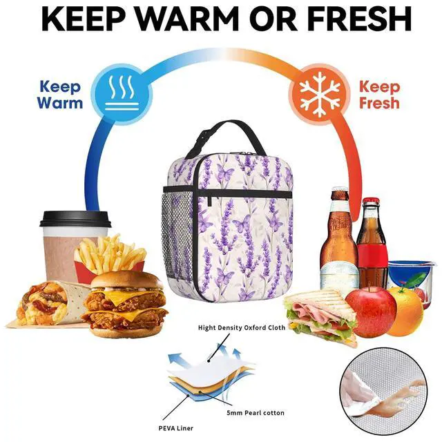 Alt view image 7 of 7 - Reusable Lavender Lunch Box for Kids Girls Boys Women Adult, Insulated Floral Butterfly Lunch Bag,Polyester Cooler Flower Handbags Case for School Picnic Work Travel Beach or Hiking