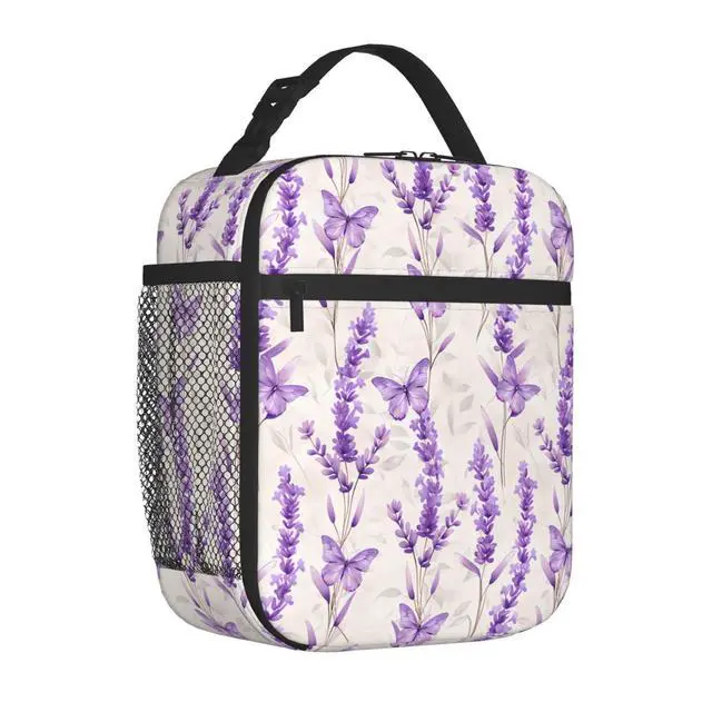Alt view image 2 of 7 - Reusable Lavender Lunch Box for Kids Girls Boys Women Adult, Insulated Floral Butterfly Lunch Bag,Polyester Cooler Flower Handbags Case for School Picnic Work Travel Beach or Hiking
