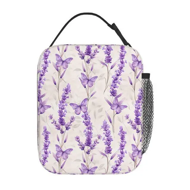 Alt view image 3 of 7 - Reusable Lavender Lunch Box for Kids Girls Boys Women Adult, Insulated Floral Butterfly Lunch Bag,Polyester Cooler Flower Handbags Case for School Picnic Work Travel Beach or Hiking