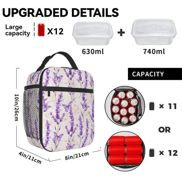 Alt view image 5 of 7 - Reusable Lavender Lunch Box for Kids Girls Boys Women Adult, Insulated Floral Butterfly Lunch Bag,Polyester Cooler Flower Handbags Case for School Picnic Work Travel Beach or Hiking