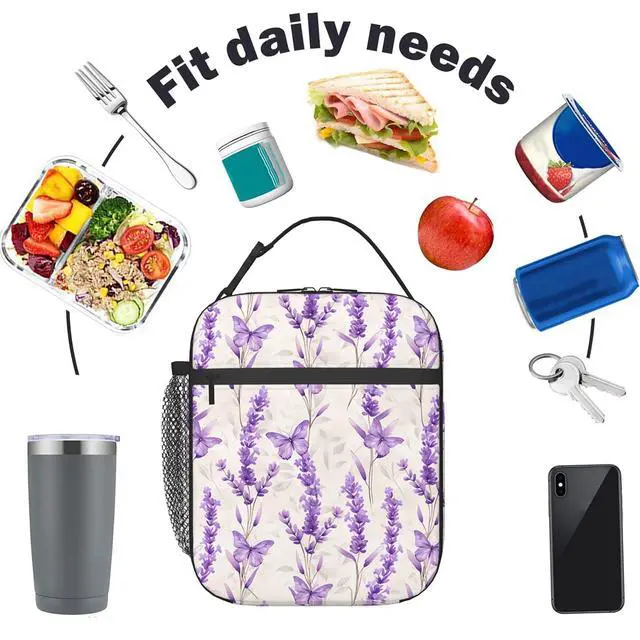 Alt view image 6 of 7 - Reusable Lavender Lunch Box for Kids Girls Boys Women Adult, Insulated Floral Butterfly Lunch Bag,Polyester Cooler Flower Handbags Case for School Picnic Work Travel Beach or Hiking