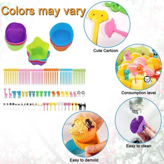 Alt view image 5 of 7 - 108 PCS Silicone Bento Box Dividers Kit, Bento Box Accessories, 90pcs Food Picks and 18pcs Silicone Cupcake Liners for Bento, Snacks, Cupcakes, Party, Picnic