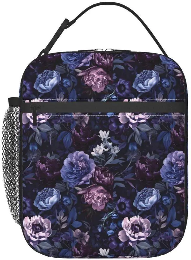 Main image of Reusable Floral Lunch Box for Kids Girls Boys Women Adult, Insulated Cute Flower Lunch Bag,Polyester Cooler Handbags Case for School Picnic Work Travel Beach or Hiking (Purple and Blue)