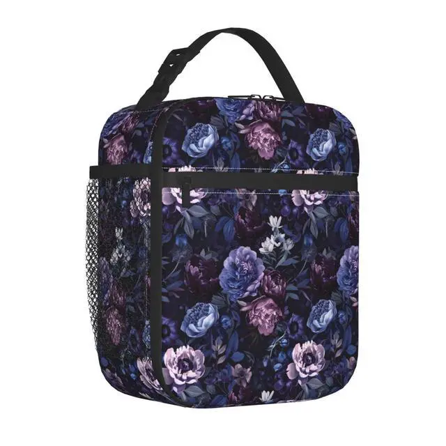 Alt view image 2 of 7 - Reusable Floral Lunch Box for Kids Girls Boys Women Adult, Insulated Cute Flower Lunch Bag,Polyester Cooler Handbags Case for School Picnic Work Travel Beach or Hiking (Purple and Blue)