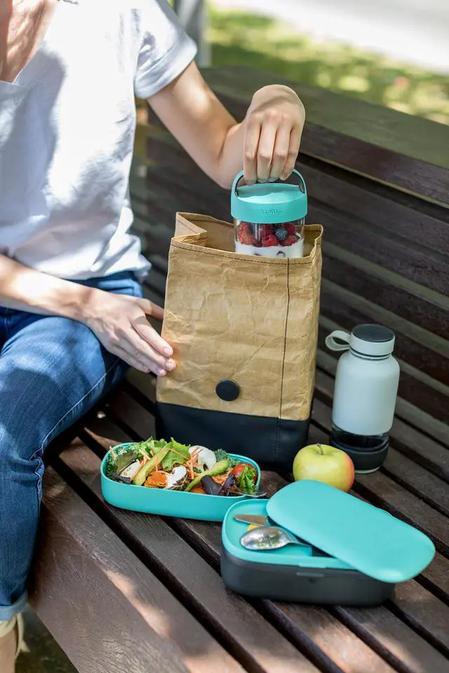 Alt view image 3 of 7 - Kraft To-Go Lunch Bag | Brown | 1 Gallon | Large Rolltop Reusable Meal Carrier with Room for Bottle & More | Kraft-Paper Style, Waterproof & Stain-Resistant, Insulated Lining