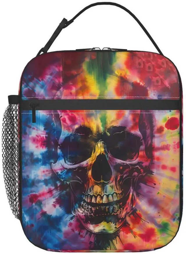Main image of Reusable Tie Dye Lunch Box for Kids Girls Boys Women Adult, Insulated Skull Lunch Bag,Polyester Cooler Abstract Handbags Case for School Picnic Work Travel Beach or Hiking (Colorful)