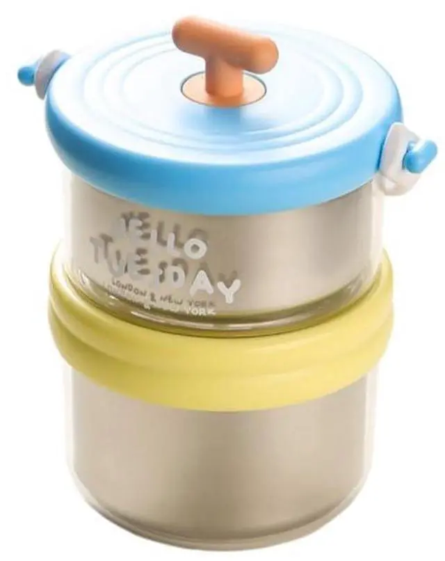 Main image of 2-in-1 Soup Thermo for Hot Food Wide Mouth Insulated Food Jar Stainless Steel Soup for Hot & Cold With Handle Folding Spoon for Adults Insulated Steel Container (Bule-Yellow)