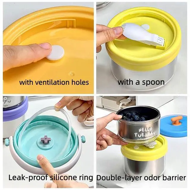 Alt view image 3 of 7 - 2-in-1 Soup Thermo for Hot Food Wide Mouth Insulated Food Jar Stainless Steel Soup for Hot & Cold With Handle Folding Spoon for Adults Insulated Steel Container (Bule-Yellow)