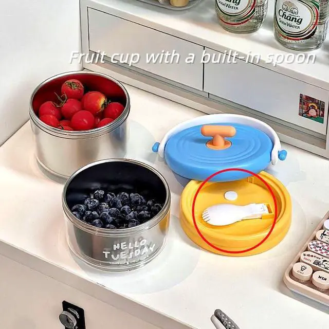 Alt view image 2 of 7 - 2-in-1 Soup Thermo for Hot Food Wide Mouth Insulated Food Jar Stainless Steel Soup for Hot & Cold With Handle Folding Spoon for Adults Insulated Steel Container (Bule-Yellow)