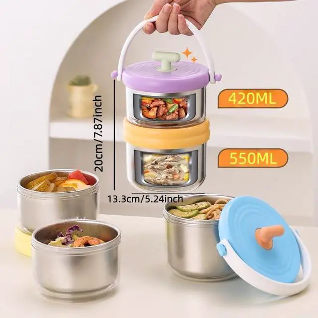 Alt view image 5 of 7 - 2-in-1 Soup Thermo for Hot Food Wide Mouth Insulated Food Jar Stainless Steel Soup for Hot & Cold With Handle Folding Spoon for Adults Insulated Steel Container (Bule-Yellow)