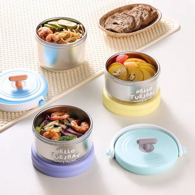 Alt view image 4 of 7 - 2-in-1 Soup Thermo for Hot Food Wide Mouth Insulated Food Jar Stainless Steel Soup for Hot & Cold With Handle Folding Spoon for Adults Insulated Steel Container (Bule-Yellow)
