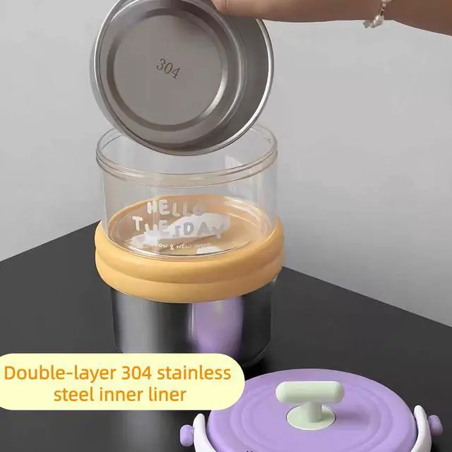 Alt view image 7 of 7 - 2-in-1 Soup Thermo for Hot Food Wide Mouth Insulated Food Jar Stainless Steel Soup for Hot & Cold With Handle Folding Spoon for Adults Insulated Steel Container (Bule-Yellow)