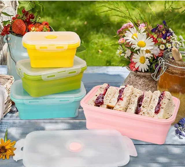 Alt view image 3 of 6 - Collapsible Silicone Food Storage Container, Leftover Meal Box for Kitchen, Lunch Boxes with Clip-on Lid, Stackable, Space Saving, Dishwasher Safe, BPA Free