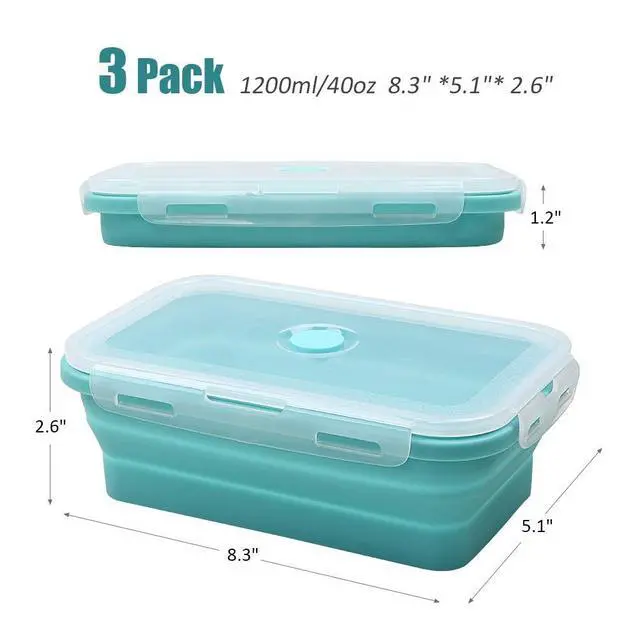 Alt view image 3 of 7 - 40.5oz Silicone Collapsible Food Storage Containers with Lids, 3 Pack Set 1200ml Folding Large Meal Prep Lunch Containers, Microwave, Freezer and Dishwasher Safe